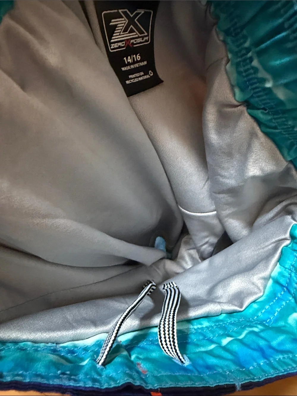 ZeroXposur Blue Tropical Shark Swim Trunks with Orange Drawstring 14/16